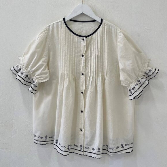 Tops - White Puff Sleeve Button Down Blouse with Embroidered Trim